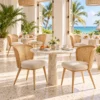 Curved cane dining chairs in a hotel breakfast room