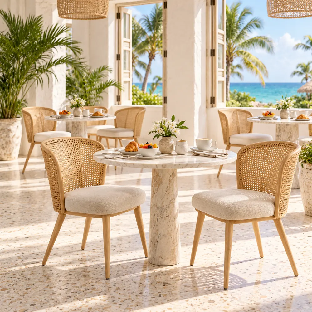 Curved cane dining chairs in a hotel breakfast room