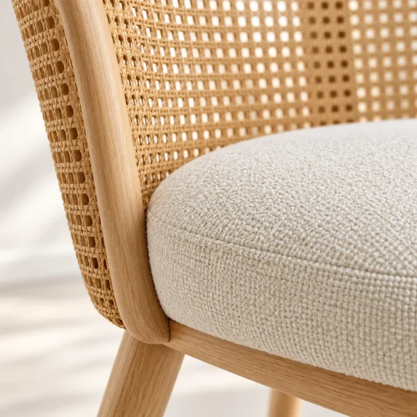 Close-up of curved woven cane back and padded seat