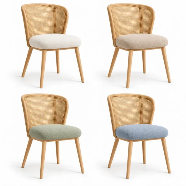 Curved cane dining chair in cream, sand, sage green and coastal blue fabric