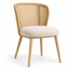 Curved cane dining chair with cream seat and ash legs