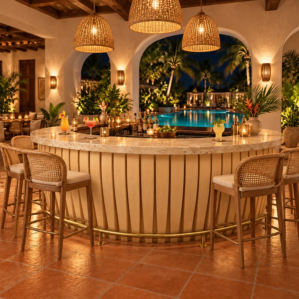 Curved island bar counter in a hotel lobby bar at night