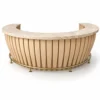 Custom half-circle bar counter with travertine top and brass rail
