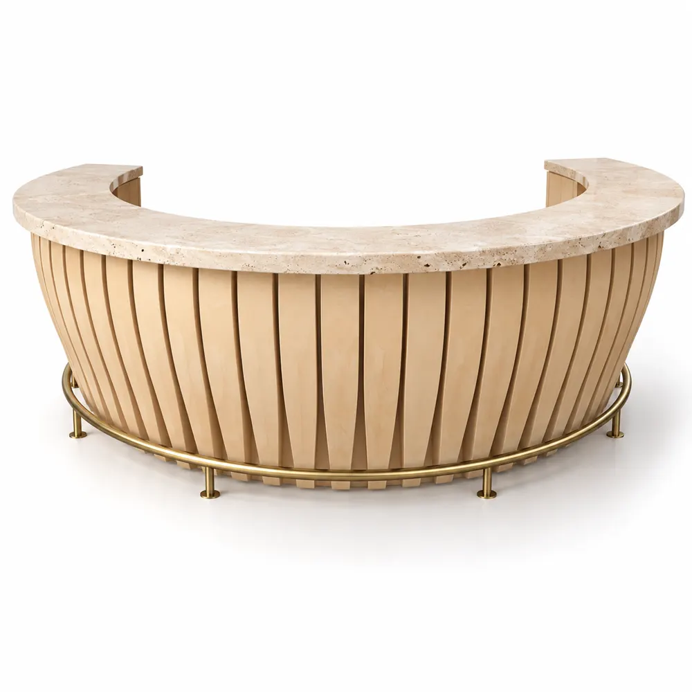 Custom half-circle bar counter with travertine top and brass rail
