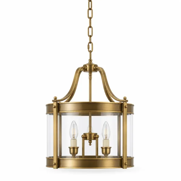 Short brass cylinder glass lantern pendant with four candle lights