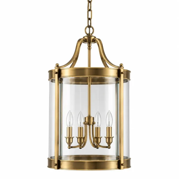 Tall brass cylinder glass lantern pendant with four candle lights