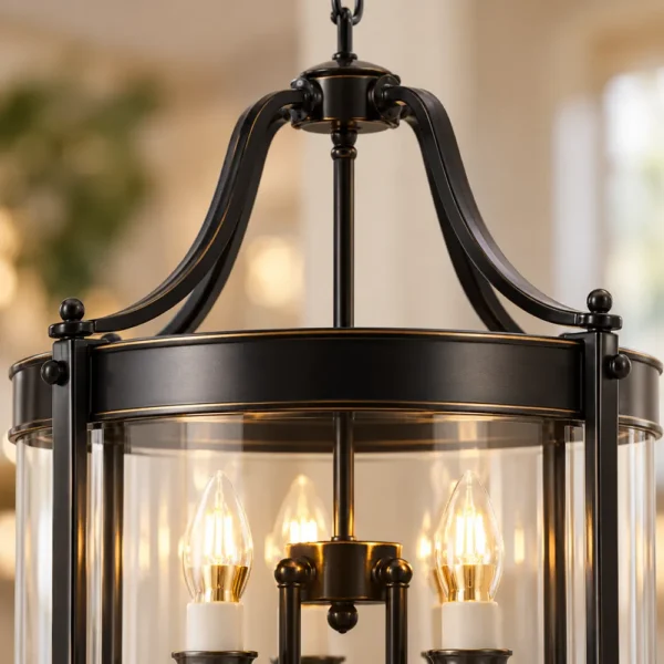 Close-up of the metal arms and glass shade of a lantern pendant