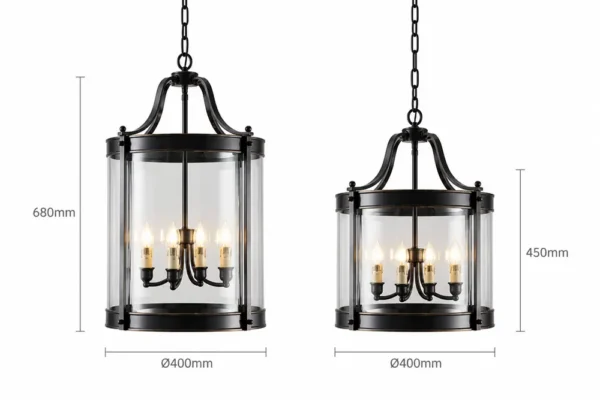 Cylinder glass lantern pendant dimensions, tall and short versions