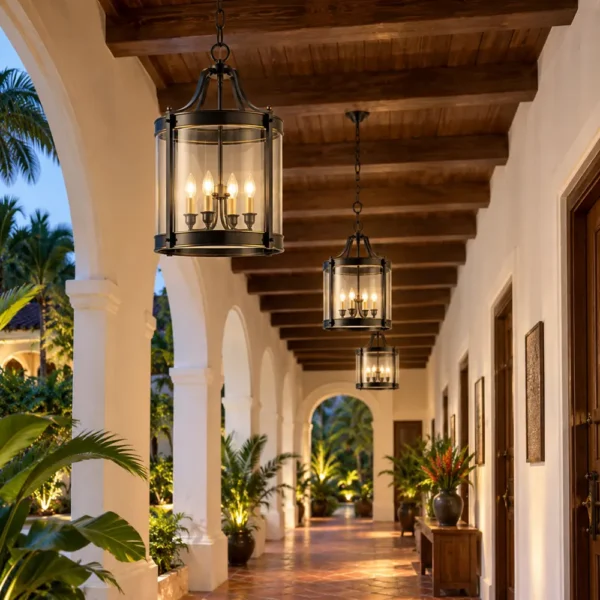 Row of glass lantern pendants in a colonial boutique hotel hallway