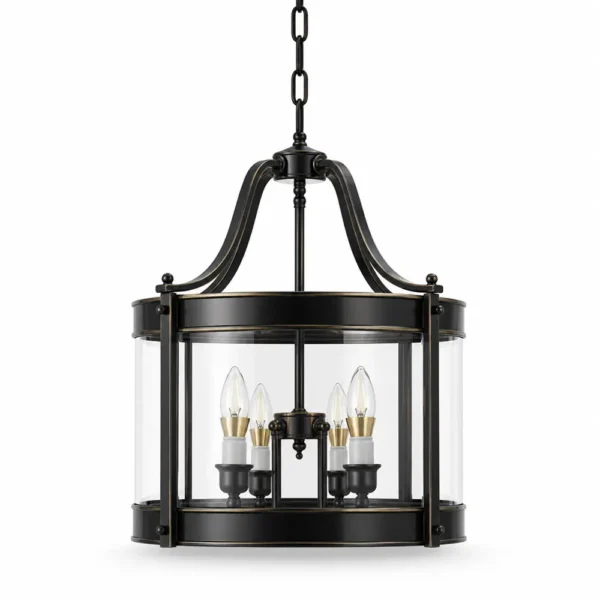 Short black cylinder glass lantern pendant with four candle lights