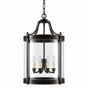 Tall black cylinder glass lantern pendant with four candle lights