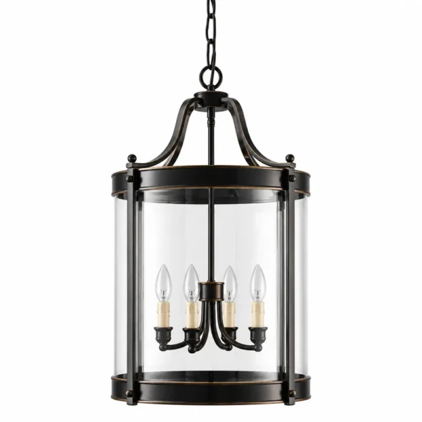 Tall black cylinder glass lantern pendant with four candle lights