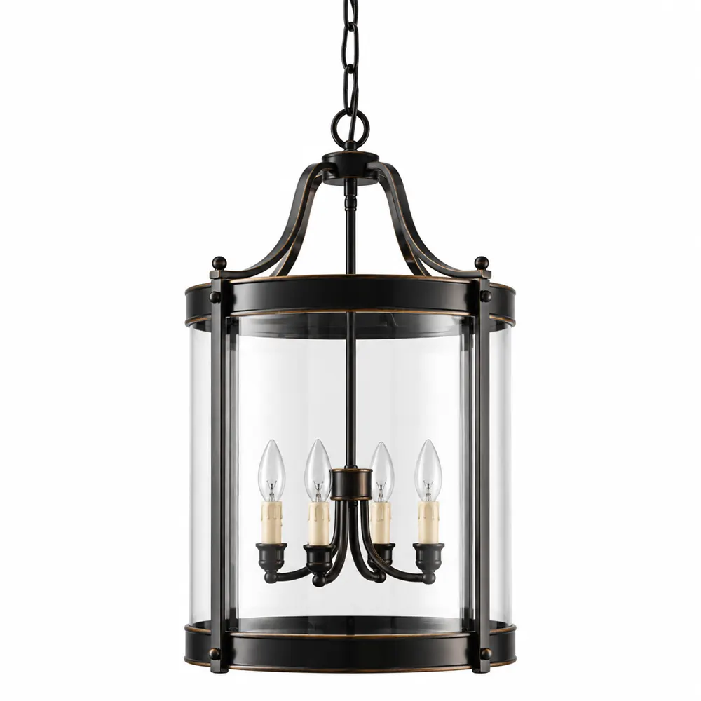 Tall black cylinder glass lantern pendant with four candle lights