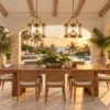 Pair of brass glass lantern pendants above a villa dining table
