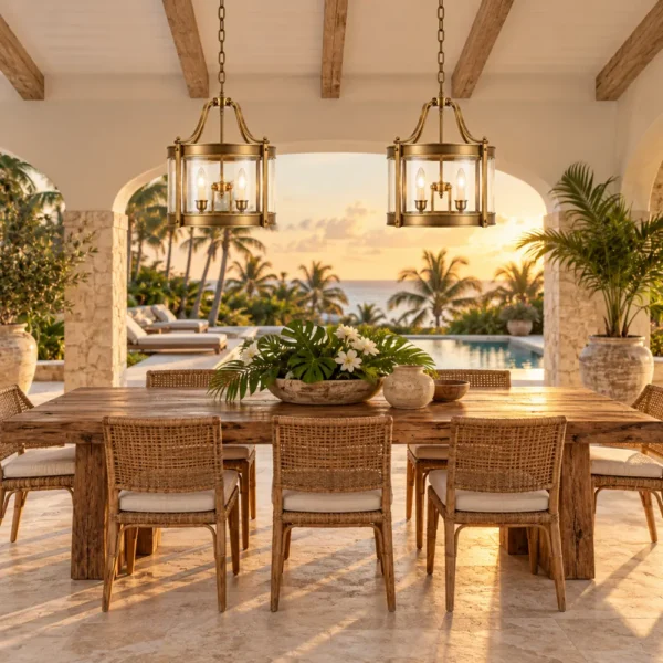 Pair of brass glass lantern pendants above a villa dining table