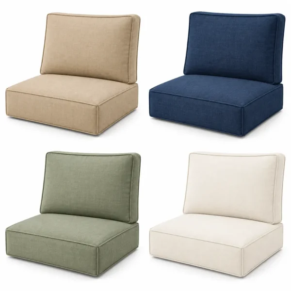 Deep seating cushion set in wheat, navy, sage green and white