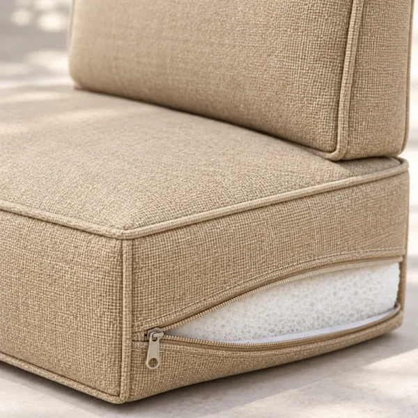 Close-up of welted edge, zipper and quick-dry foam
