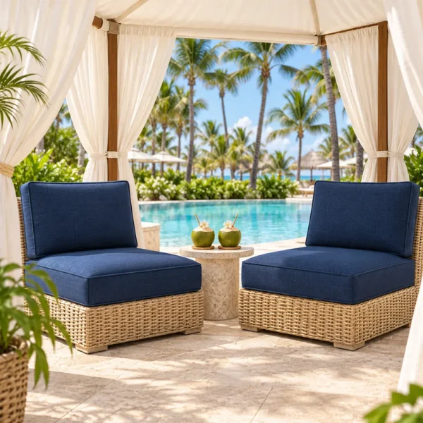 Deep seating cushions on lounge chairs in a pool cabana