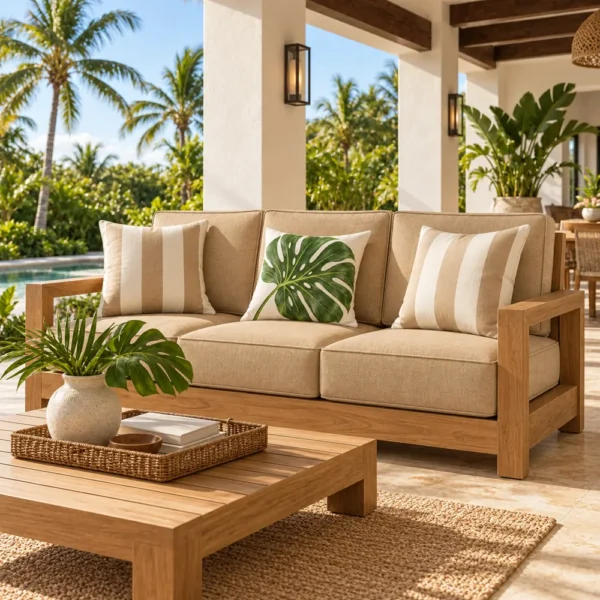 Wheat cushions on a deep seating sofa on a villa terrace