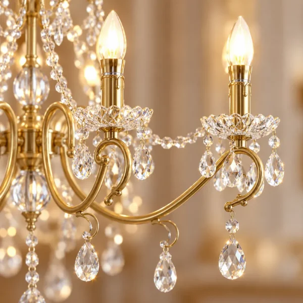 Close-up of copper candle arms and crystal drops