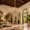 Crystal candle chandelier in a colonial boutique hotel lobby