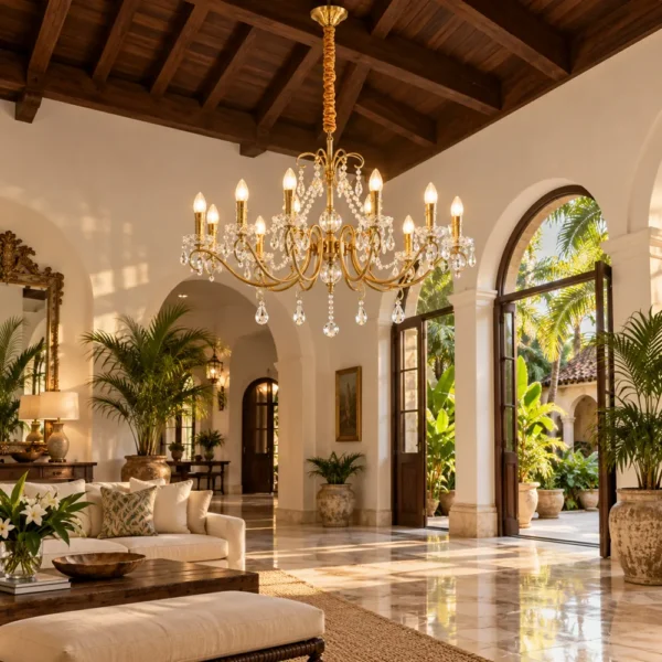 Crystal candle chandelier in a colonial boutique hotel lobby