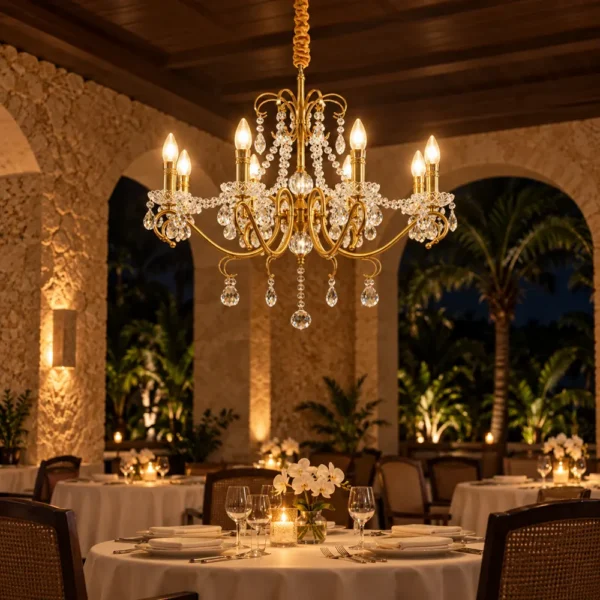 Crystal candle chandelier glowing in a hotel restaurant at night