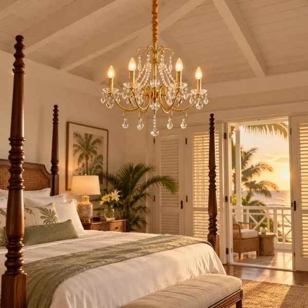 Crystal candle chandelier in a boutique hotel suite bedroom