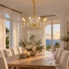 Crystal candle chandelier above a dining table in a Caribbean villa