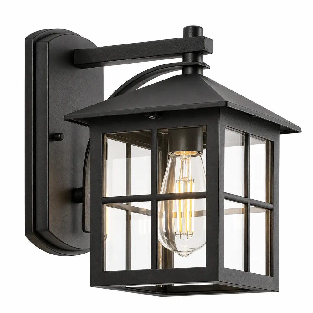 Black stainless steel outdoor wall lantern with grid glass