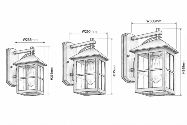 Grid glass wall lantern dimensions in three sizes