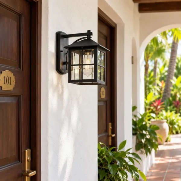 Black grid glass wall lantern between guest room doors in a hotel corridor