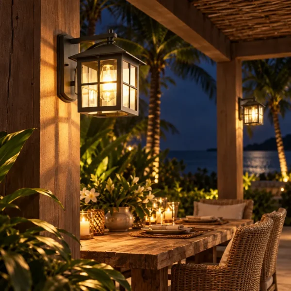 Black grid glass wall lantern glowing on a pergola post at night