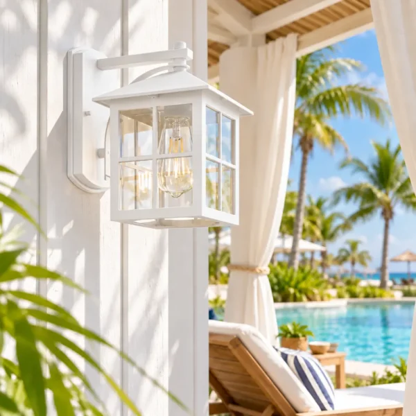 White grid glass wall lantern on a poolside cabana at a beach resort