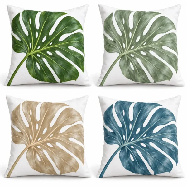 Monstera leaf pillow in deep green, sage, sand and ocean blue
