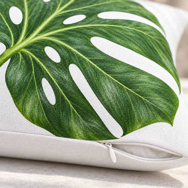 Close-up of monstera leaf print and zipper