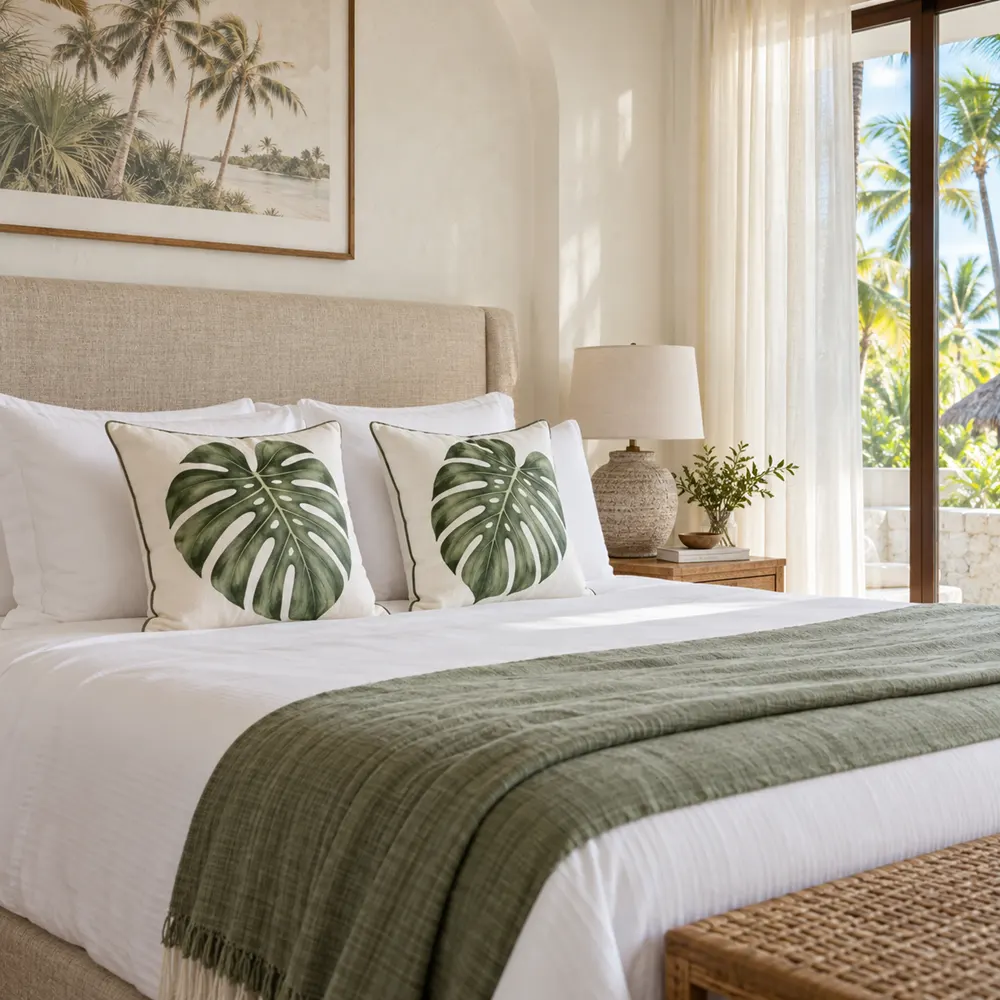 Monstera leaf pillows on a hotel guestroom bed
