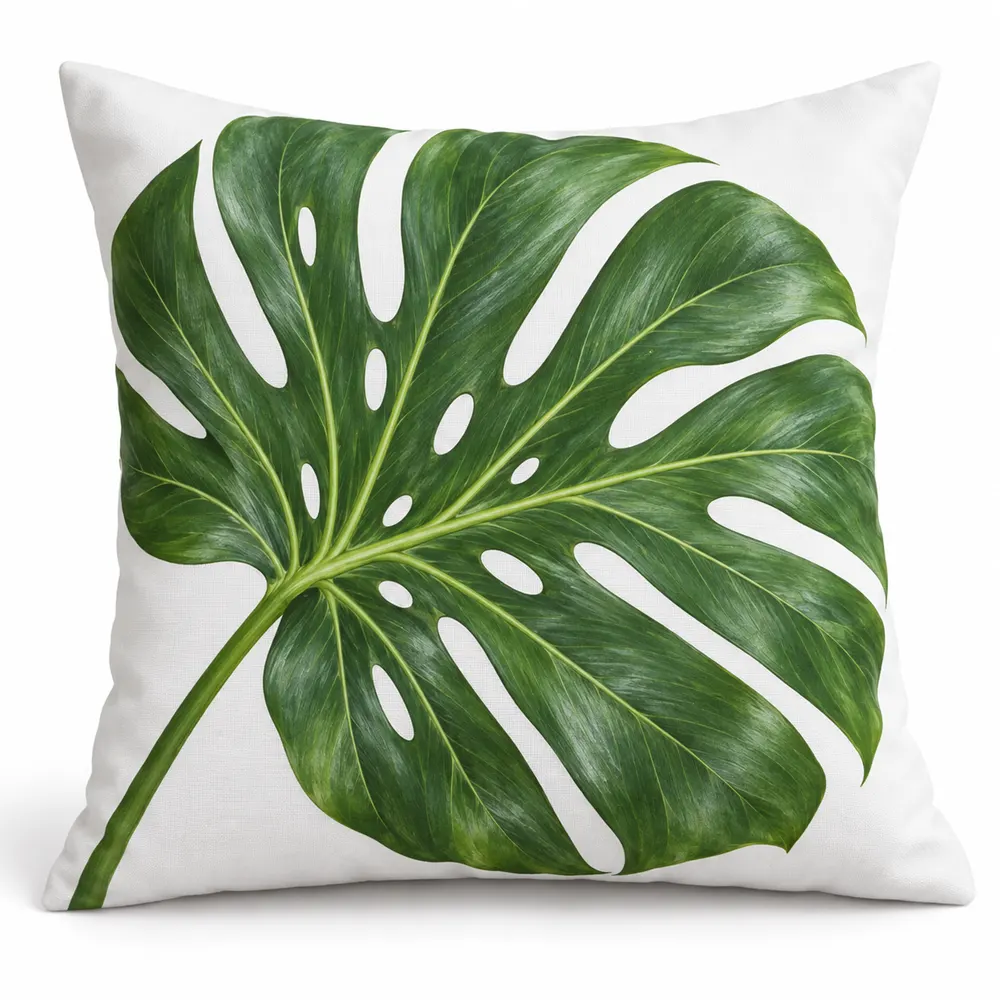Monstera leaf outdoor pillow in green and white
