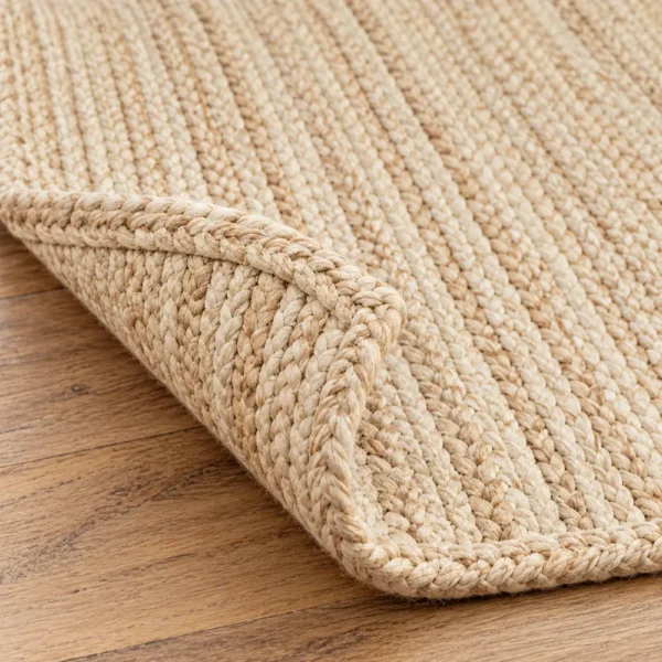 Close-up of braided jute texture and rug edge