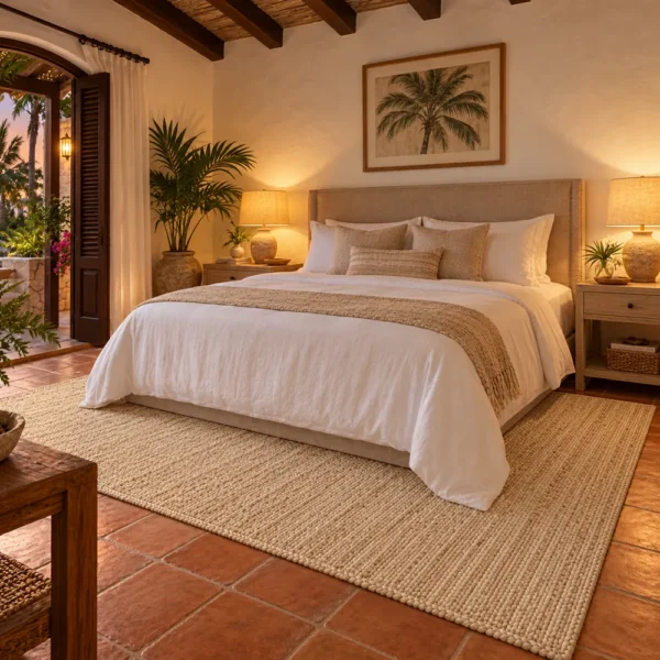 Jute braided rug beside a bed in a hotel guest room