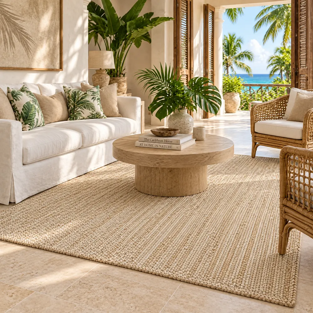 Ivory jute rug in a hotel suite living room