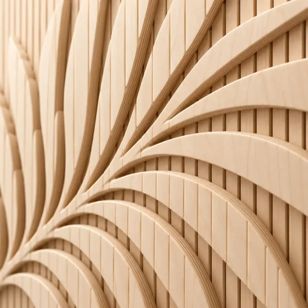 Close-up of carved palm leaf on plywood slat panel