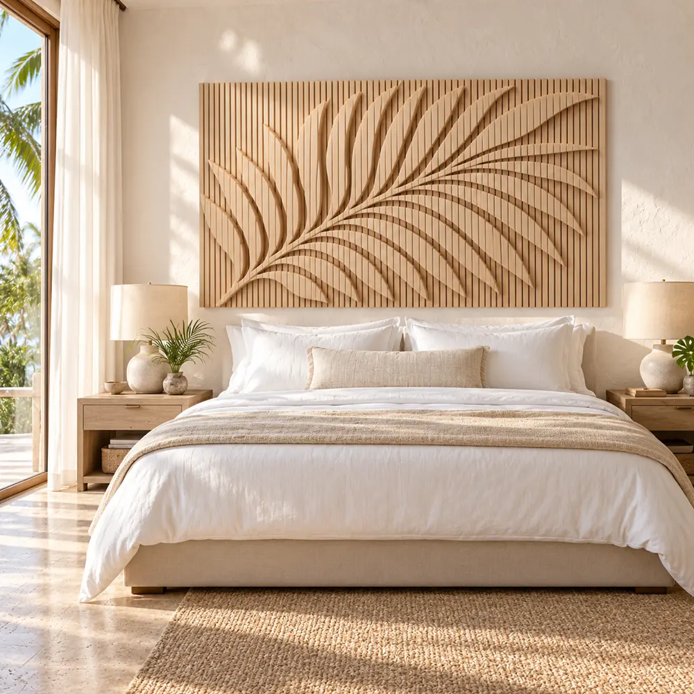 Palm leaf headboard panel above a bed in a hotel guest room
