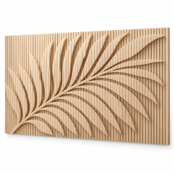 Custom headboard panel with carved palm leaf relief