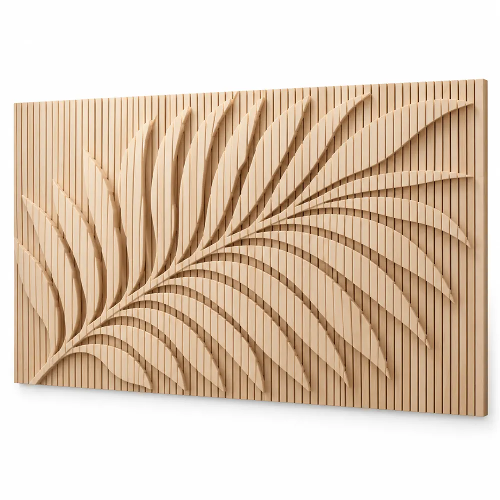Custom headboard panel with carved palm leaf relief