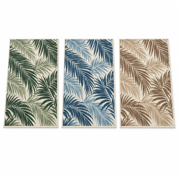Palm leaf outdoor rug in green, ocean blue and sand