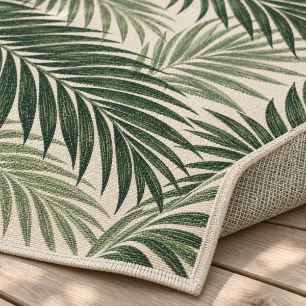 Close-up of woven palm leaf pattern and rug edge