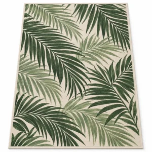 Green palm leaf indoor outdoor rug on ivory