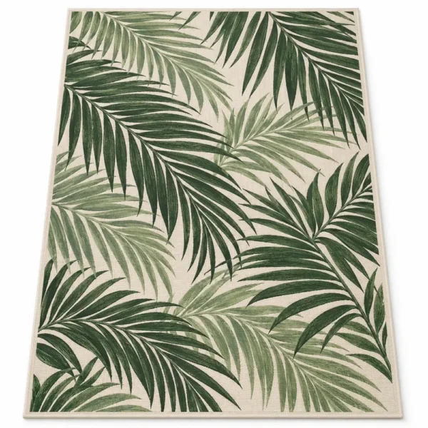 Green palm leaf indoor outdoor rug on ivory