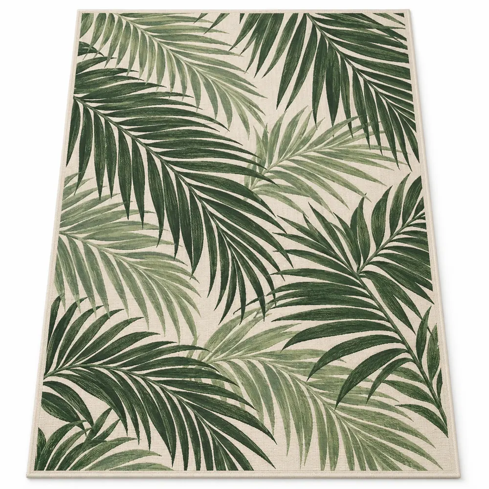 Green palm leaf indoor outdoor rug on ivory
